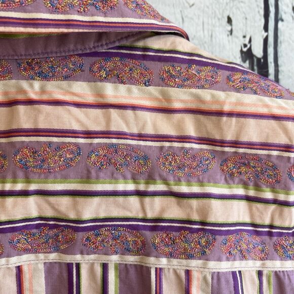 Robert Graham Womens Embroidered Button Up Top Size M Flip Cuff Pleated Striped - Picture 9 of 14